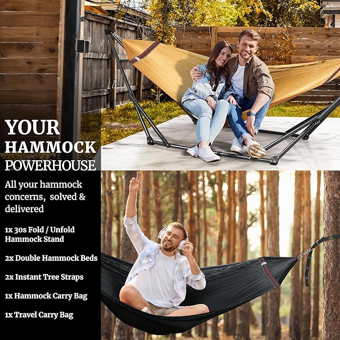Tranquillo Combo x2 Hammocks with Stand for Outside &amp Tree Straps Heavy Duty Hammock with Stand 600lbs for Indoor Outdoor Patio Backyard x2 Hammocks for 2 Person (Combo - Yellow Medium)