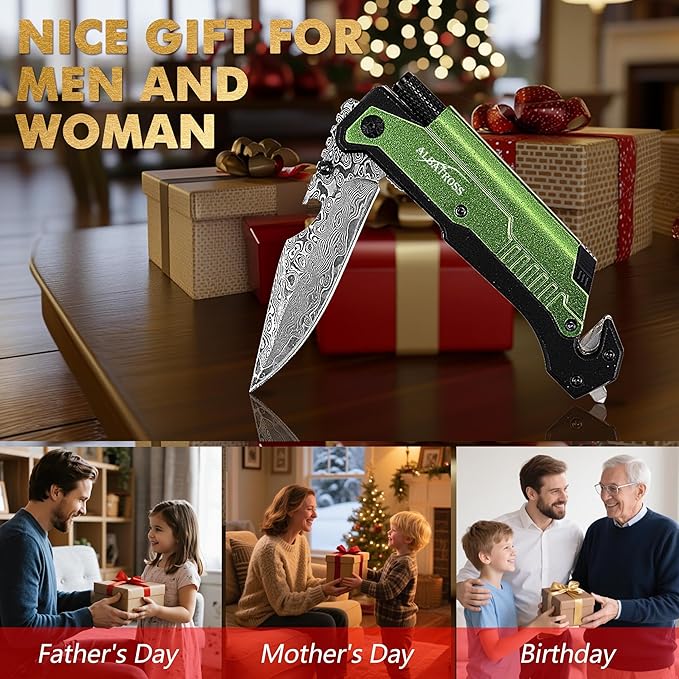 Father's Day Mother’s Day Birthday Gift for Him/Her: ALBATROSS 7-in-One Multi-Tool Pocket Knife for Men Women with LED Flashlight Fire Starter &amp Glass Breaker 3.5 Damascus Folding Survival Kn