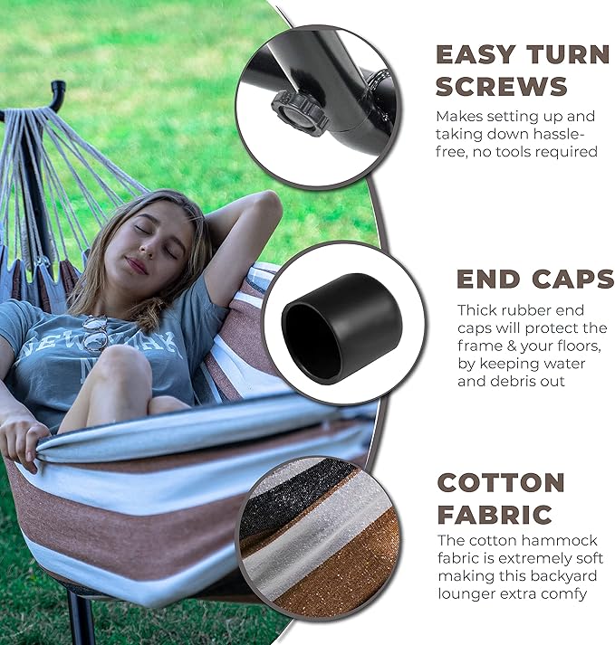 Backyard Expressions - 914921 - Portable Double 2 Person Outdoor Hammock with Stand - Brown and Gray - 9 x 3 Foot Hammock