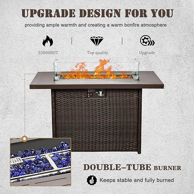 Propane Fire Pit Table44 Inch 55000 BTU Outdoor Gas Fire Pit Rectangular with Glass Wind Guard for Outside Patio Deck (Brown-Aluminum Top)