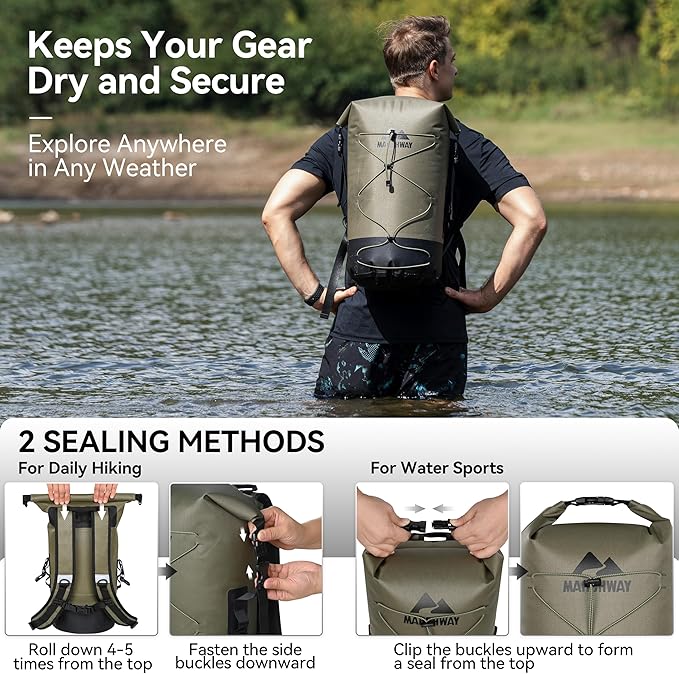 MARCHWAY Floating Roll Top Dry Bag Flexible Lightweight TPU Waterproof Backpack 20L/30L/40L with Padded Straps for Boating Kayaking Swimming Hiking Beach (Green 30L)