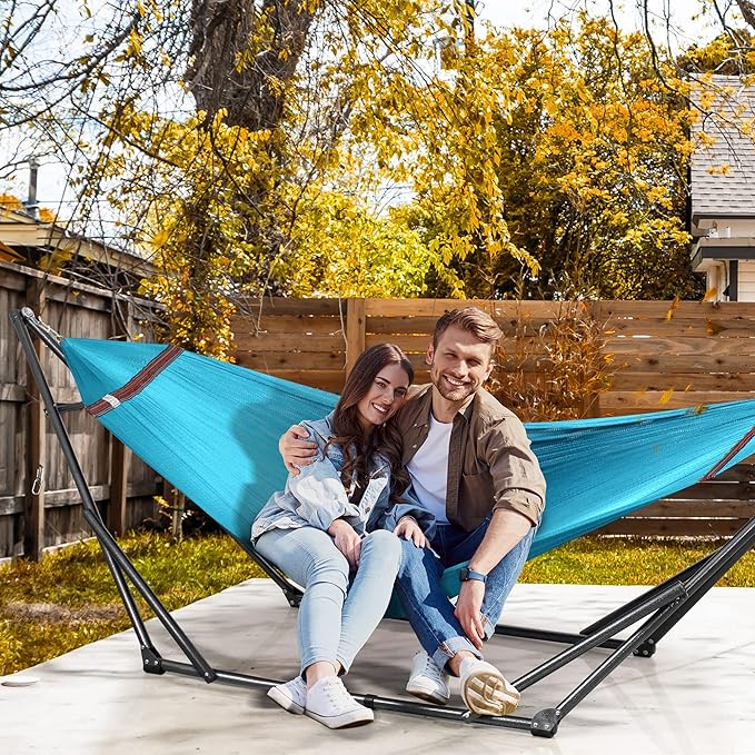 Tranquillo 600lb Capacity 2 Persons Instant Set Up NO Screw Needed Foldable Portable Double Hammock with Stand &amp Carry Bag for Garden Camping Sky