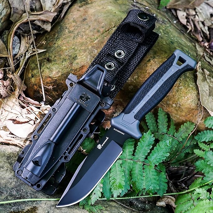 HX OUTDOORS Extra Sharp Bushcraft Knife with Fire Starter Premium D2 Steel Fixed Blade Survival Camping Knife with Ferro Rod Plastic Sheath for Outdoor Hiking Backpacking (Black)