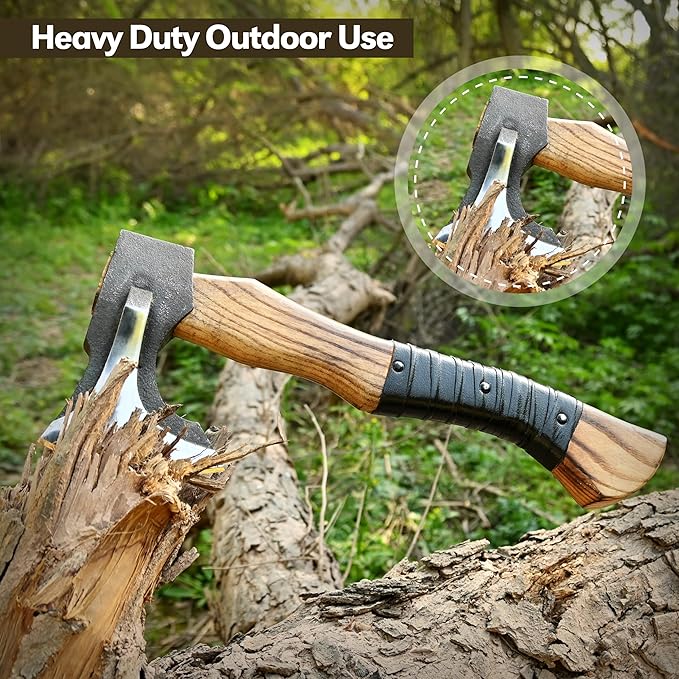 14” Hatchet Axe Camping Hatchet Hand Forged Axe with Sheath for Wood Chopping Splitting &amp Carving Bushcraft Axe with Ash Wood Handle for Outdoor &amp Survival