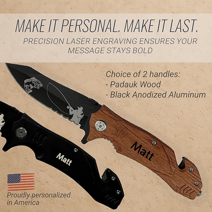 Personalized Pocket Knife for Men with Clip | Laser Engraved Fishing Design Folding Utility Tactical Switchblade for Camping Hunting Rescue | Custom Birthday Gift for Dad Husband Groomsmen Gifts