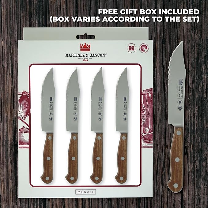 Lodge Steak Knife Set – Serrated Blade – Molybdenum Vanadium Stainless Steel - Layered Oak Wood Handle - Excellent choice for informal or formal BBQs - Set includes 4 Knives