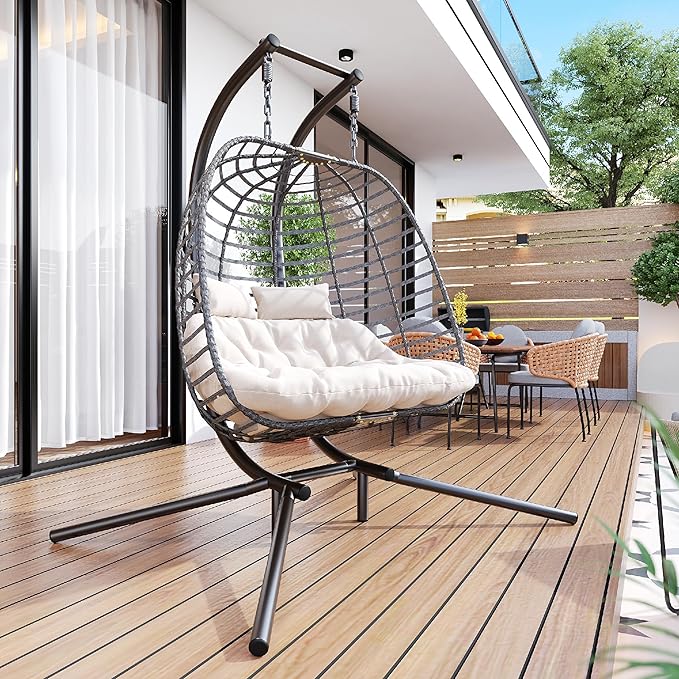 Double Hanging Egg Chair wth Stand Patio Hammock Swing Chair with Cushion Loveseat for Bedroom Balcony Garden Indoor Outdoor Beige
