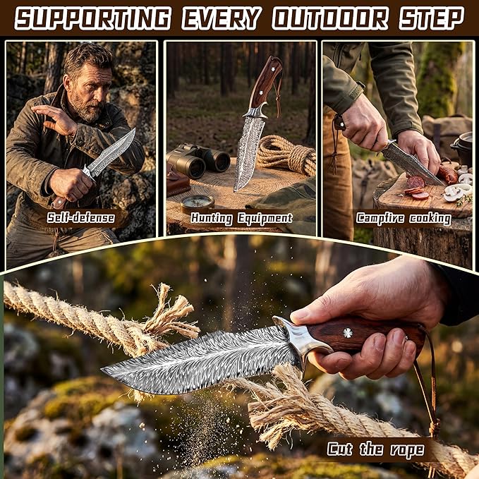 Hunting Knife with 4Cr13MoV Steel Blade &amp Wooden Handle - 10” Full Tang Fixed Blade for Outdoor Survival Camping BushcraftIncludes Leather Sheath