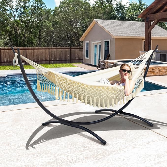 SUNCREAT Portable Outdoor Hammock with Stand Included Double Hammock with Tassel for Outside Beige