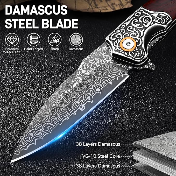Damascus Pocket Knife for Men 3.34 Sharp Damascus Steel Blade Folding Knives with Wooden Handle EDC Knifes for Camping Hiking Collection