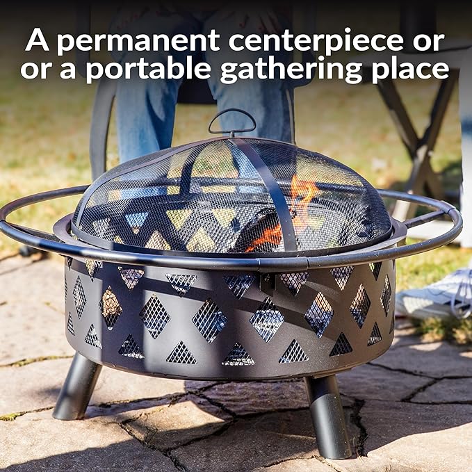 Sunnydaze Crossweave Outdoor Fire Pit - Wood-Burning Fire Pit for Outside with Spark Screen Poker and Round Cover - 30-Inch - Black