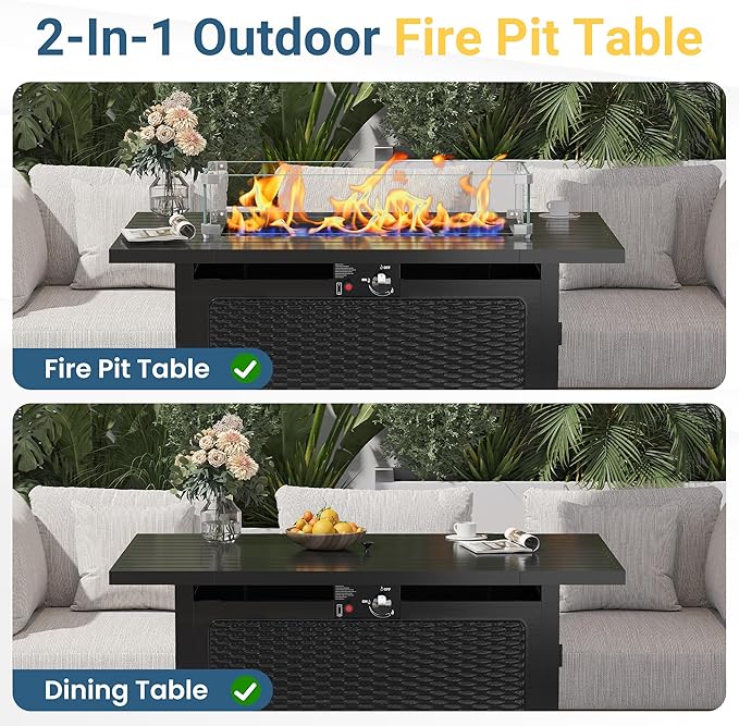 43” Outdoor Propane Fire Table Set with Heavy-Duty Glass Stones Glass Wind Guard Lid &amp Water-Resistant Cover 50000 BTU Metal Fire Pit Table Rectangle Fire Pit Table for Patio Deck
