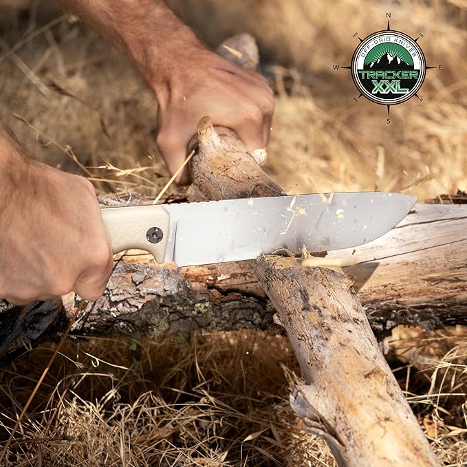 Off-Grid Knives - TRACKER-XXL Fixed Blade Knife Cryo D2 Blade Steel G10 Scales Kydex Sheath OG Lo-Pro Belt Attachment Chopping Camping Bushcraft Hunting Survival (Coyote)