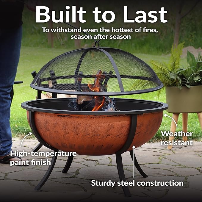 Sunnydaze 32-Inch Copper Fire Pit for Outside - Wood-Burning Fire Pit Bowl with Spark Screen Wood Grate and Poker