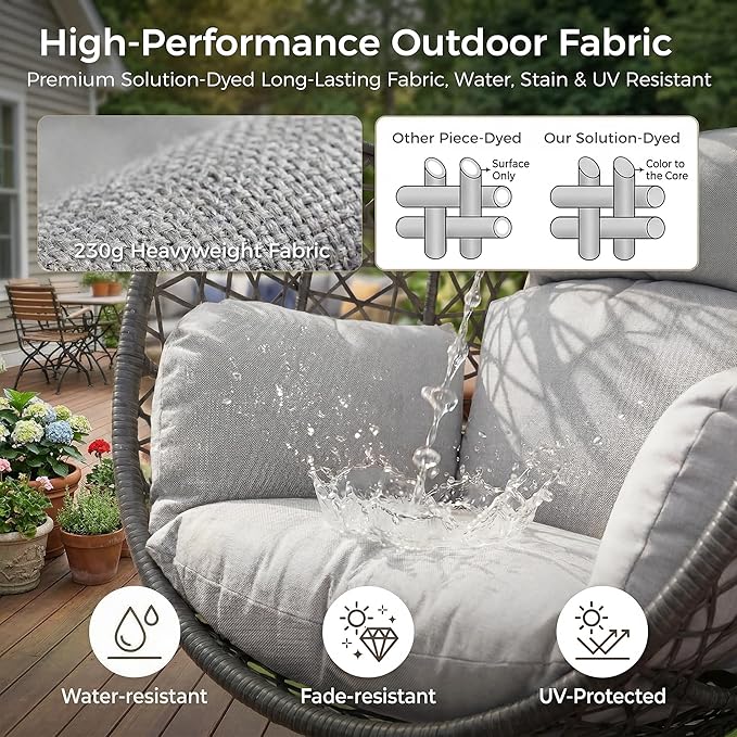 BULEXYARD Oversized Hanging Egg Chair with Stand Indoor Outdoor Grey Wicker Bird Cage Swing Chair Patio Hammock Egg-Shaped Chair with Light Grey Cushion for Sunroom Deck 350lbs Capacity