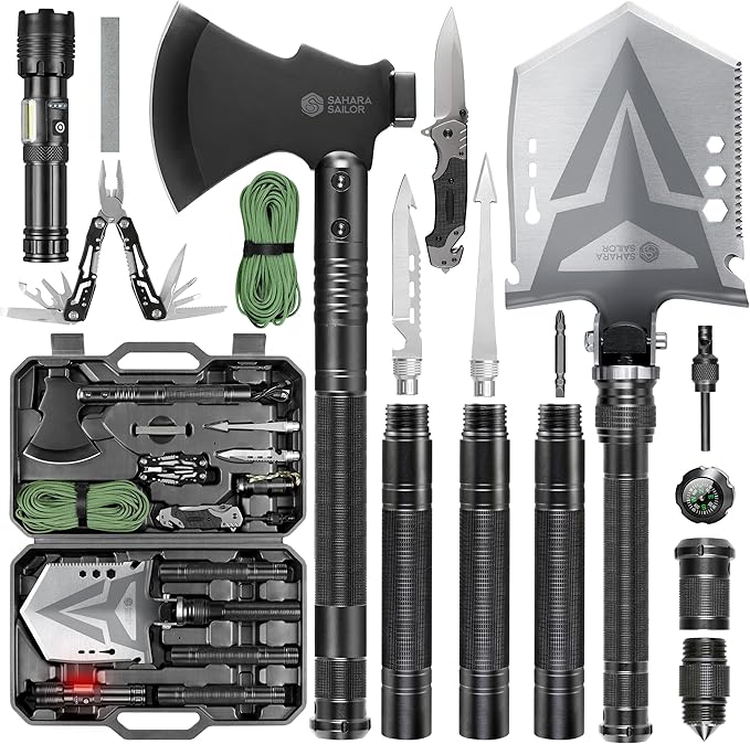 Sahara Sailor Folding Camping Shovel Axe Kit Military Grade Multifunctional Survival Tactical Shovel with Paracord Dual Color Flashlight Whetstone Emergency Gear for Camping