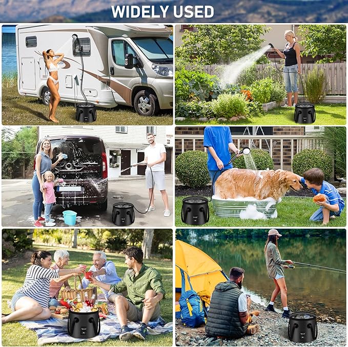 Portable Shower for Camping Rechargeable Camping Shower with Collapsible Bucket with Handle 20L Intelligent LED Display 4 Spray Modes Outdoor Shower Kit for Hiking Travel Car Pet 【Black】
