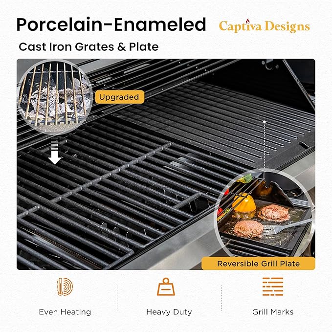 Captiva Designs 6-Burner Propane Gas BBQ Grill with Side Burner &amp Porcelain-Enameled Cast Iron Grate and Plate for Outdoor Barbucue Events 52000 BTU Output740 SQ.IN. Cooking AreaHeavy Duty