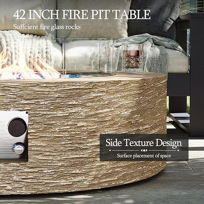 UPHA 42-inch Outdoor Propane Gas Fire Pit Table 50000 BTU Concrete Round FirePit for Outside Patio with Propane Tank Cover Wind Guard Blue Glass Rocks Rain Cover Beige