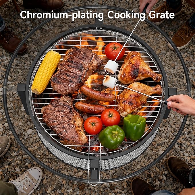 ONBRILL 2-in-1 36 Inch Fire Pit with Cooking Grill Outdoor Wood Burning Firepit with Poker for BBQ Bonfire Picnic Party Round Metal Fire Pit for Outside Backyard Patio