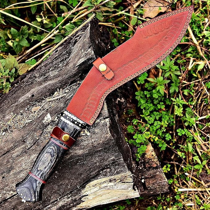 MR. CRAFT Custom Handmade Traditional Kukri Damascus Steel Fixed Blade Knife With Sheath Full Tang Heavy Duty Camping Knives - Gifts for Men (Black Wood &amp Brass Studs)