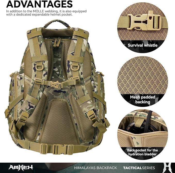 AMHEH 52L 1050D Tactical Backpack - 72 Hour Emergency Get Home Bug Out Bag with 17 Laptop and Helmet Pocket Heavy Duty Work Camo