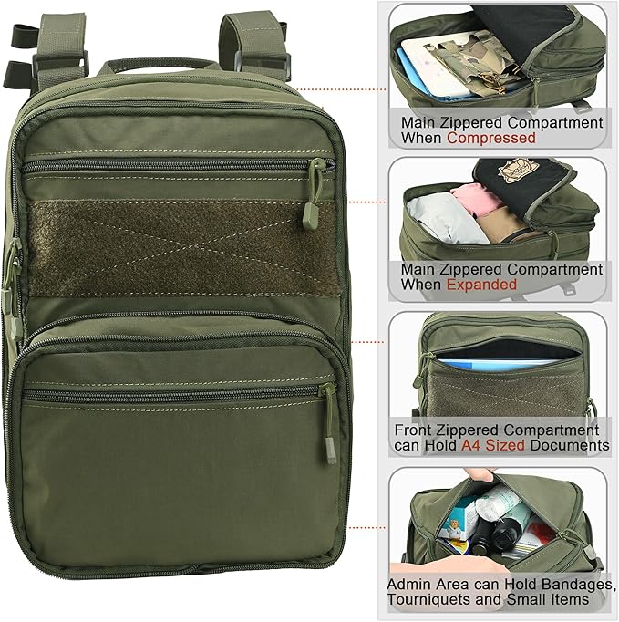 Tactical Expandable Flatpack Chest Rig Backpack MOLLE Assault Pack Hydration Pack for PC Vest (Ranger Green)