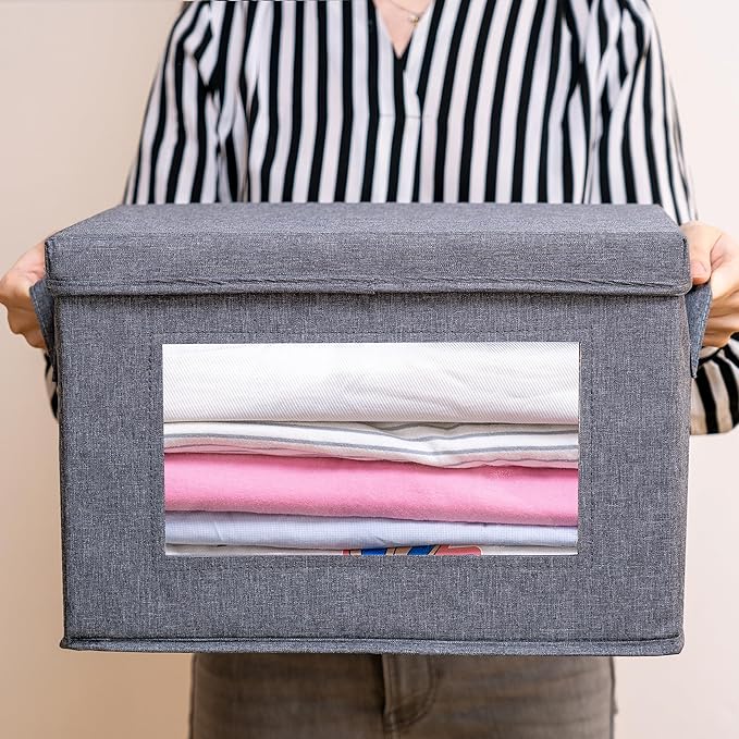 3-Pack Collapsible Storage Bins with Lids Linen Fabric Foldable Storage Boxes Cube Closet Organization for Clothes Blankets Books Gray