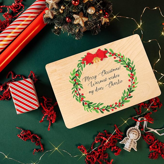 Creative Deco Personalized Christmas Wreath Wooden Storage Box | 11.8x7.87x5.51in (+-0.5) | Multiple Choice | Hinged Lid Handles Engraving | Gift Box | Rough UNSANDED Keepsake Memory Souvenir Chest