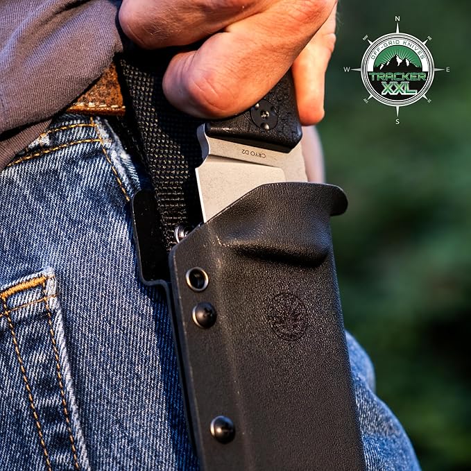 Off-Grid Knives - TRACKER-XXL Fixed Blade Knife Cryo D2 Blade Steel G10 Scales Kydex Sheath OG Lo-Pro Belt Attachment Chopping Camping Bushcraft Hunting Survival (Stonewash)