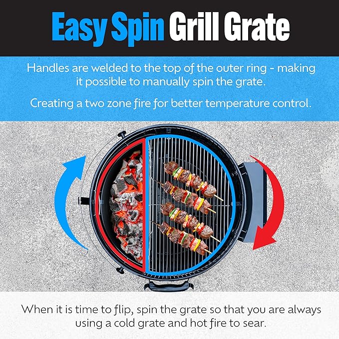SnS Grills Slow ‘N Sear Travel Kettle 2-Zone Cook Charcoal Basket and Easy Spin 18” Grate - Portable Charcoal Grill for BBQ Cooking - Travel Kettle 18”