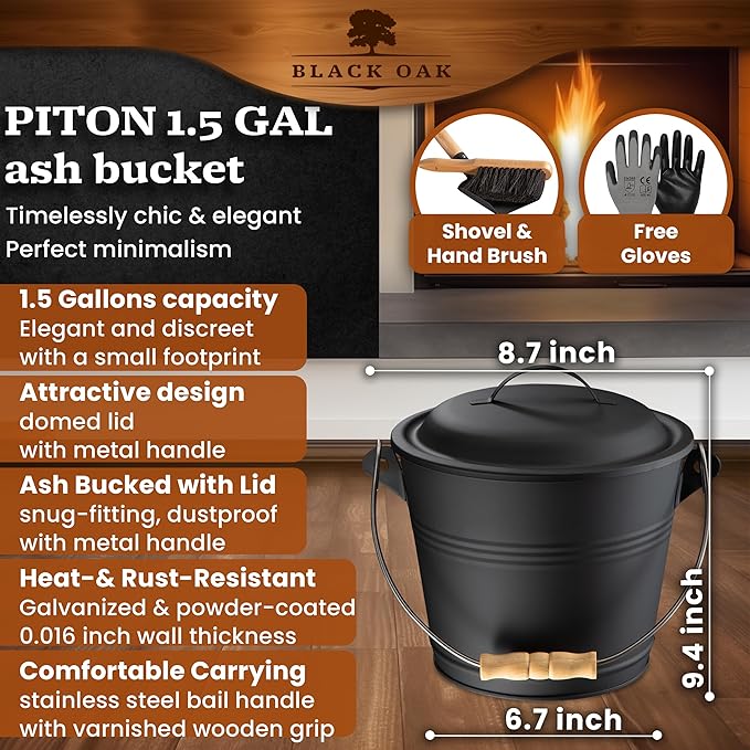 BLACK OAK Ash Bucket Piton 1.5 GAL - Black with lid with Wooden Handle + Brush + Shovel &amp Gloves - 5L Large Steel Fireproof Galvanized &amp Powder-Coated Bucket ash Coal pellets Timeless Design