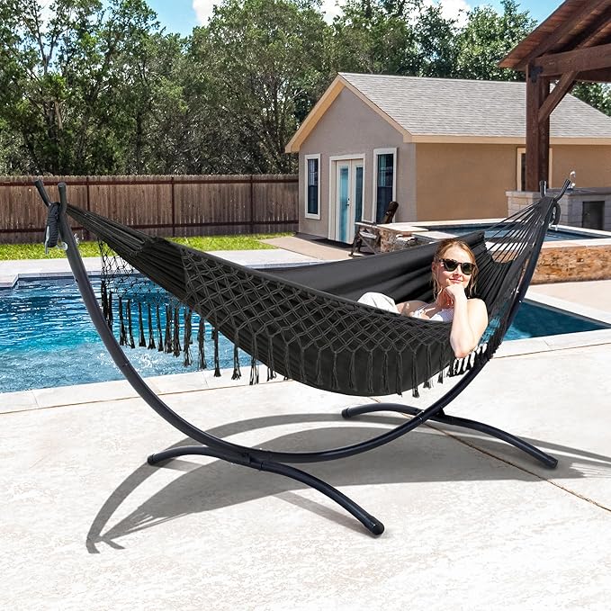 SUNCREAT Portable Outdoor Hammock with Stand Included Double Hammock with Tassel for Outside Dark Gray