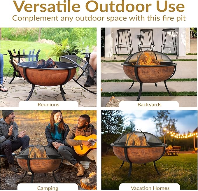 Sunnydaze 32-Inch Copper Fire Pit for Outside - Wood-Burning Fire Pit Bowl with Spark Screen Wood Grate and Poker