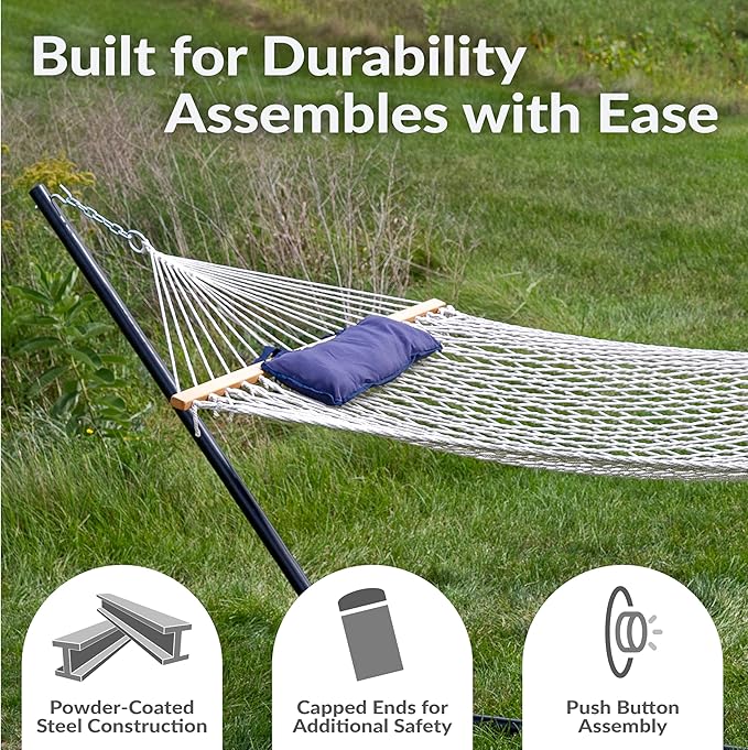 Sunnydaze Rope Hammock with Stand for Outside- 275-Pound Capacity - Includes 12-Foot Hammock Stand Spreader Bar Pad and Pillow - Lakeview