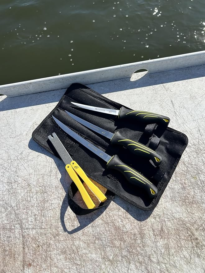 danco 5PC Fillet Knife Kit 679 with Roll Bag &amp Folding Sharpener Fish Fillet and Deboning Knives Freshwater/Saltwater Fishing Non-Slip Handle Durable Roll Bag Stainless Steel Blades