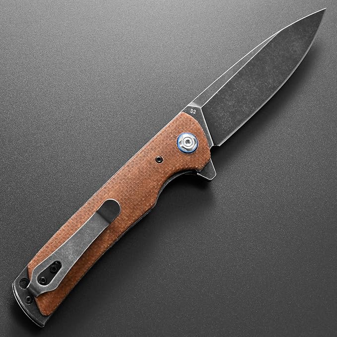 Eafengrow EF973 Folding Knife D2 Steel Blade Micarta Handle Scale Pocket Knife Folder for Working Camping Hiking EDC Tool Knife(brown)