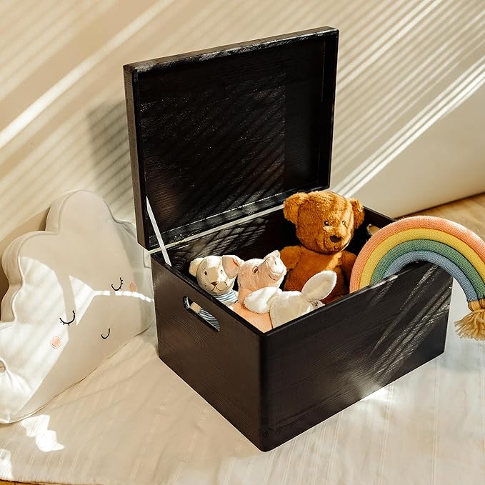 Creative Deco Large Black Wooden Box Storage with Hinged Lid | 15.8x11.8x9.44in (+-0.5) | Keepsake Gift Box Storage Document | Wood Chest Trunk PRODUCT NOT INTENDED FOR 15 YEARS OR BELOW