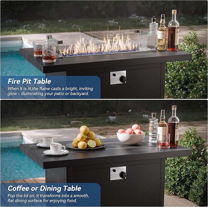 Kurapika Aluminum Propane Fire Pit Table 45 Inch 55000 BTU Auto-Ignition CSA Certification Outdoor Gas Fire Pits with Slide Out Tank Holder Outdoor Fire Tables Wider Desktop Windshield and Lid