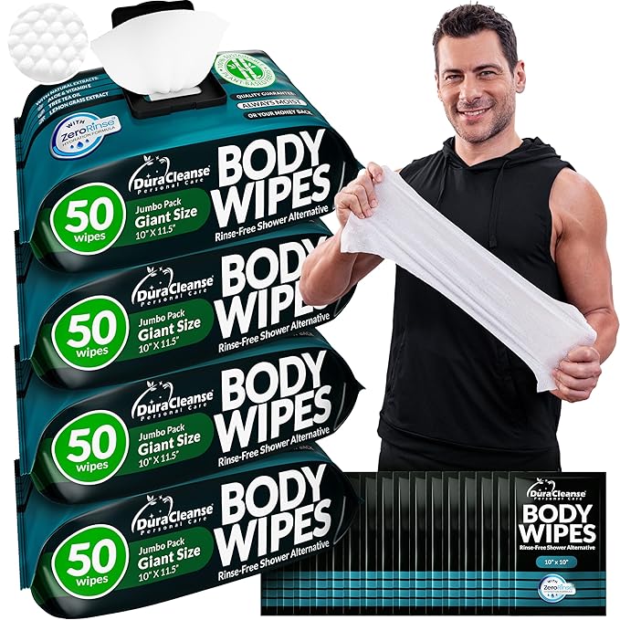 After Gym Body Wipes for Men (4pk) - 200 XL No Rinse Shower Wipes + 16 Travel Bath Sheets 10 x 11.5 - Mens Deodorant Disposable Washcloths for Bathing Camping Essentials Survival Gear and Supplies