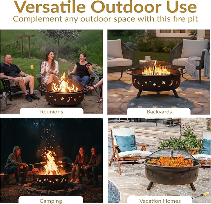 Sunnydaze Cosmic 42-Inch Large Outdoor Fire Pit - Wood-Burning Fire Pit with Round Spark Screen Poker and Built-in Grate