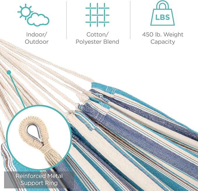 Best Choice Products Double Hammock with Steel Stand Indoor Outdoor Brazilian-Style Cotton Bed w/Carrying Bag 2-Person Capacity - Ocean
