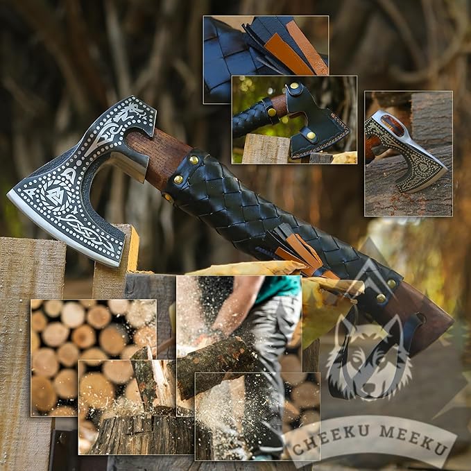 Custom Handmade Carbon Steel Real Viking Axe HatchetCamping Axe Birthday Gift for him Leather Wrapped Handle and Leather Sheath ((FM 19))