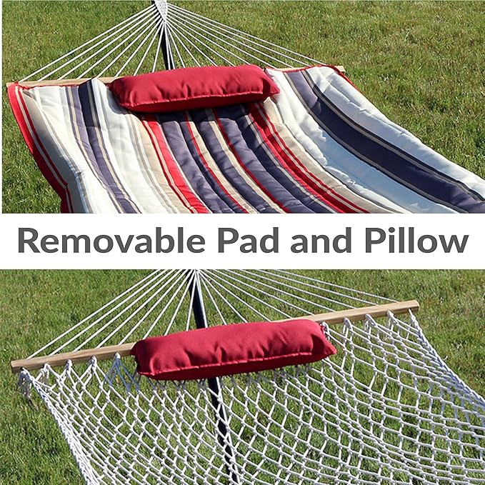 Sunnydaze Rope Hammock with Stand for Outside- 275-Pound Capacity - Includes 12-Foot Hammock Stand Spreader Bar Pad and Pillow - Modern Lines
