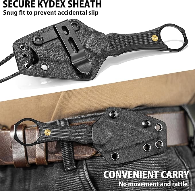 LOTHAR PORCUPINE Small Fixed Blade Knife 2.46 14C28N Neck Knife EDC Knife with G10 Handle and Kydex Sheath Knife Necklace Horizontal Carry Knife Survival Knife Gifts for Men Women (black)