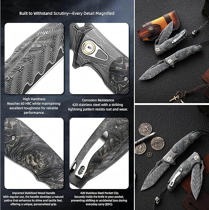 Damascus Steel Folding Knife Camping Knives &amp Tools Folding Knife HRC 60 Vegetable Tanned Leather Sheath personalized Engraving Compact Folding Knife with Pocket Clip for Camping Gift for M