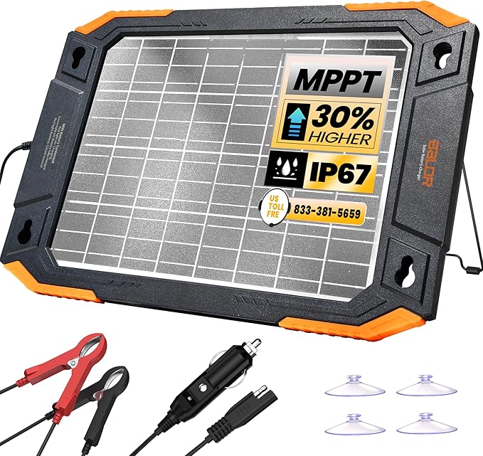 BALDR 12V Solar Battery Charger 13W Waterproof Dual Sided Battery Maintainer IP67 MPPT Trickle Charger for Car Trailer Lawn Mower Boat