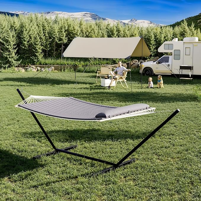 2 Person Hammock with Heavy Duty 500Lb Capacity Stand - Portable Cotton Rope Hammock &amp Quilted Comfort Pad - Relax Together Indoor or Outdoor (Gray)