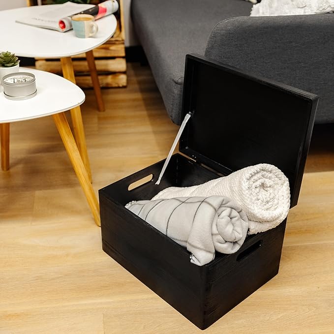 Creative Deco Large Black Wooden Box Storage with Hinged Lid | 15.8x11.8x9.44in (+-0.5) | Keepsake Gift Box Storage Document | Wood Chest Trunk PRODUCT NOT INTENDED FOR 15 YEARS OR BELOW