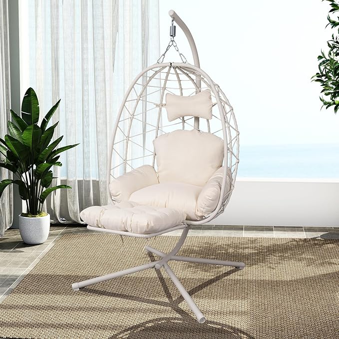 Hanging Egg Chair with Stand Outdoor Indoor Patio Rattan Swing Hammock Chairs with Washable Cushion PE Wicker Swing Chair for Backyard Bedroom Garden (White + White Cushion with Footrest)